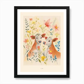 Folksy Floral Animal Drawing Cow 3 Poster Art Print