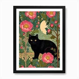 William Morris Black Cat In Pink Flowers Art Print