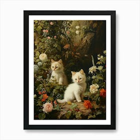 Two White Kittens In The Flowers Art Print