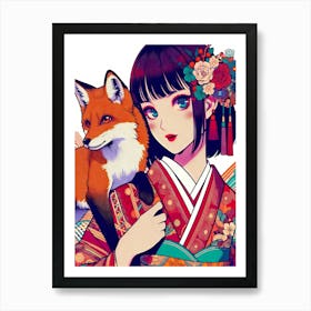 Pretty Anime Girl with Fox 3 Art Print