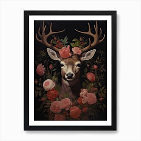 Deer Portrait With Rustic Flowers 2 Art Print