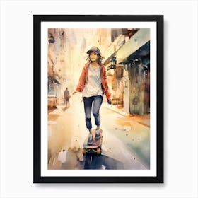 Girl Skateboarding In Seoul, South Korea Watercolour 4 Art Print