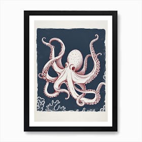 Linocut Inspired Red Octopus With The Coral 1 Art Print