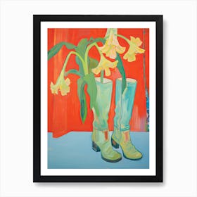 A Painting Of Cowboy Boots With Daffodils Flowers, Fauvist Style, Still Life 4 Art Print