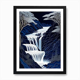 Waterfall Waterscape Linocut 1 Art Print