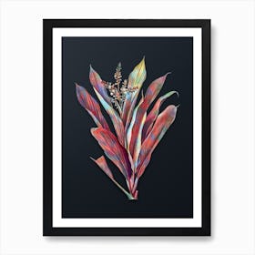 Vintage Cordyline Fruticosa Botanical Watercolor Illustration on Dark Teal Blue n.0221 Art Print