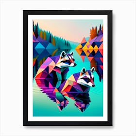 Two Raccoons Swimming In Lake Modern Geometric Art Print