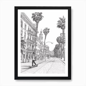 Skateboarding In Venice, Italy Line Art Black And White 3 Art Print