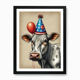 Cow With American Flag Hat Art Print
