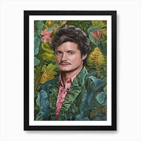 Floral Handpainted Portrait Of Pedro Pascal 4 Art Print