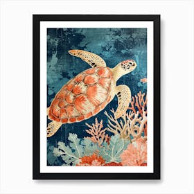 Sea Turtle Coral Textured Collage 2 Art Print