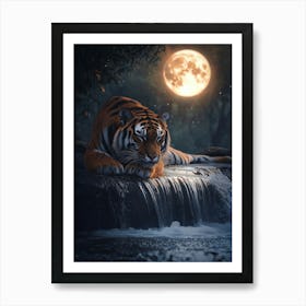 Tiger In The Moonlight. Generated AI. Art Print Poster