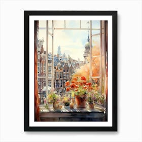 Window View Of Amsterdam Netherlands In Autumn Fall, Watercolour 4 Art Print