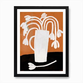 White Flowers Vase Still Life On Orange And Black Art Print