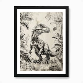 Nodosaurus Dinosaur In The Leaves Black Ink Illustration Art Print