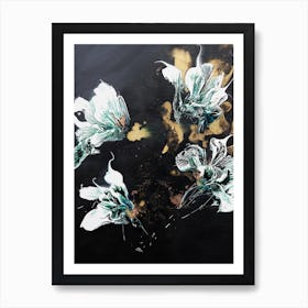 White And Green Flowers Black Background Painting Art Print