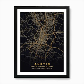 Austin Texas USA Black And Gold Map Art Print