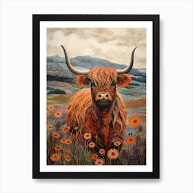Watercolour & Pencil Floral Illustration Of Highland Cow Art Print