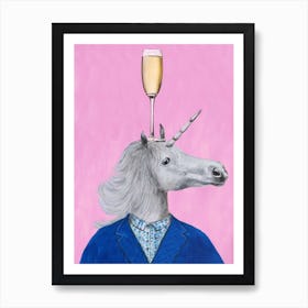Unicorn With Champagne Glass Pink & Blue Art Print