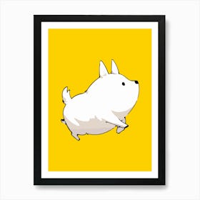 White Kawaii Dog Running On Yellow Background Cute Illustration Art Print