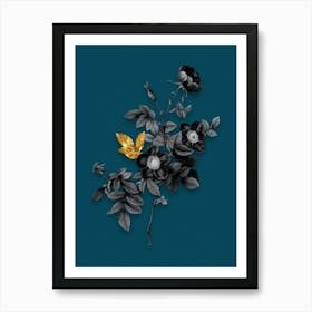 Vintage Alpine Rose Black and White Gold Leaf Floral Art on Teal Blue n.0632 Art Print