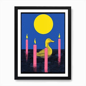 Duck Linocut Inspired With Candles Art Print