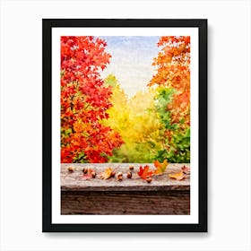 Autumnal Tableau In Vibrant Watercolor Leaves In Shades Of Crimson Orange And Gold Aflutter Amids (1) 2 Art Print