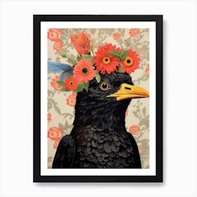 Bird With A Flower Crown Blackbird 1 Art Print