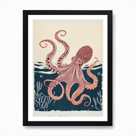 Red Octopus Linocut With The Seaweed Art Print