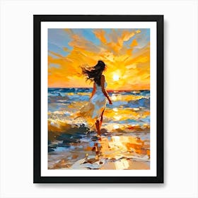 Woman Walking On The Beach At Sunset Art Print