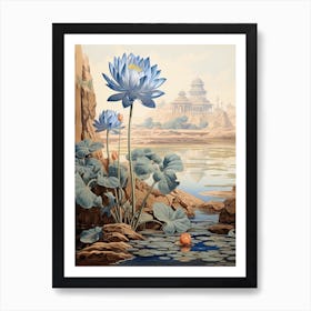 Blue Waterlily Flower Victorian Style 0 Art Print