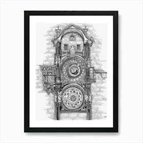 The Astronomical Clock Tower in Prague in Ink Art Print