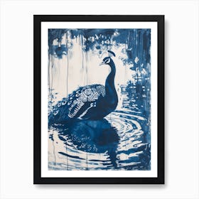 Dripping Paint Navy Peacock In The Pond Art Print