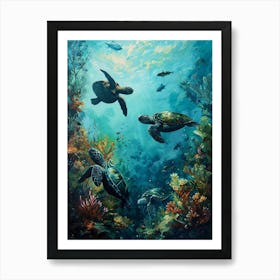 Sea Turtles With A Coral Reef Expressionism Style Painting 10 Art Print