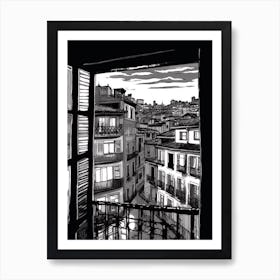 A Window View Of Barcelona In The Style Of Black And White  Line Art 2 Art Print