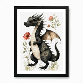 Cute Black Baby Dragon Flowers Painting (6) Art Print