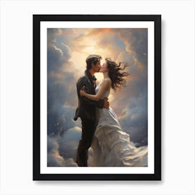 Bride And Groom Kissing In The Clouds Art Print