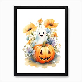 Cute Ghost With Pumpkins Halloween Watercolour 63 Art Print