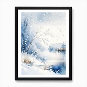 Snowflakes Falling By A Lake, Snowflakes, Storybook Watercolours 3 Art Print