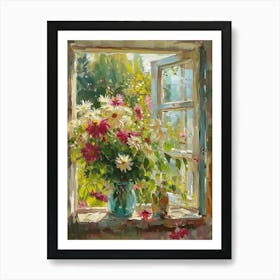 Dahlia Flowers On A Cottage Window 4 Art Print