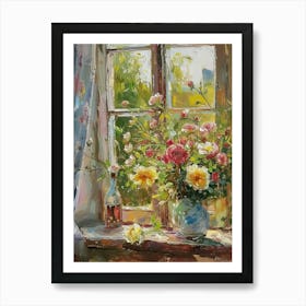 Roses Flowers On A Cottage Window 3 Art Print