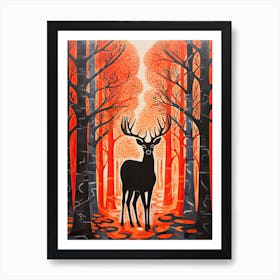 Deer, Woodblock Animal  Drawing 1 Art Print
