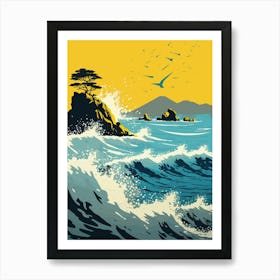 Sea Vista Ocean Beach Rocks Nature Birds Trees Waves Sun Blue Yellow Sky Art Painting Water Ocean View Island Art Print