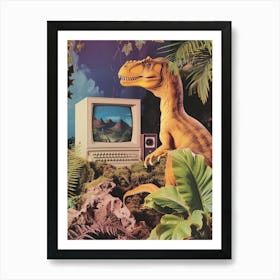 Dinosaur At A Computer Retro Collage 4 Art Print