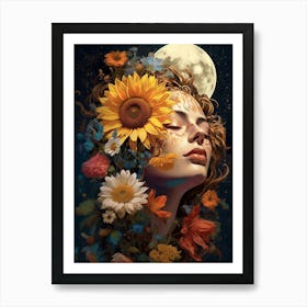 Woman With Sunflowers And Moon On Her Head 1 Art Print