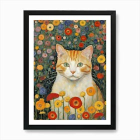 Cat In A Flower Field Klimt Style Art Print