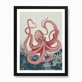 Red & Navy Blue Octopus In The Ocean Linocut Inspired 2 Art Print