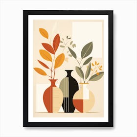 Three Vases With Leaves Art Print