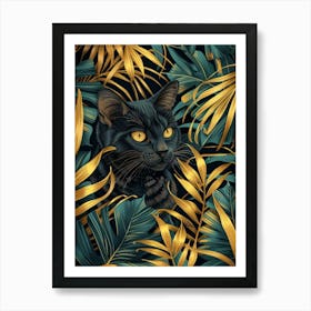 Black Cat In Gold Leaves Art Print