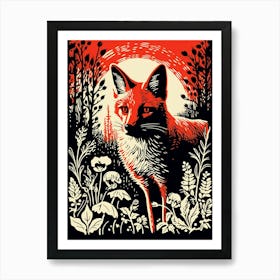 Linocut Red Fox Illustration 1 Art Print